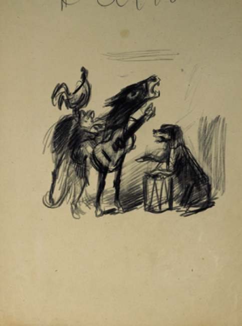 Der Esel, der Hahn und der Hund (nach dem Märchen der Brüder Grimm Die Bremer Stadtmusikanten) von Konstantin Iwanowitsch Rudakow, 1935.