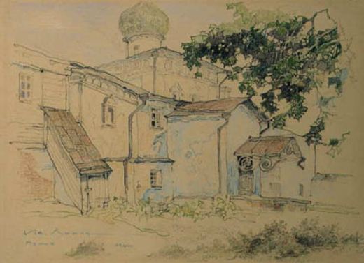 Außenansicht einer Kirche in Pskow von Ivan Andreyevich Lvov, 1921.